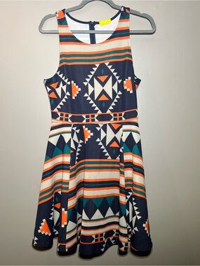 Dee Elle Nordstrom Navy, Orange, Teal Tribal Fit & Flare Mini Dress